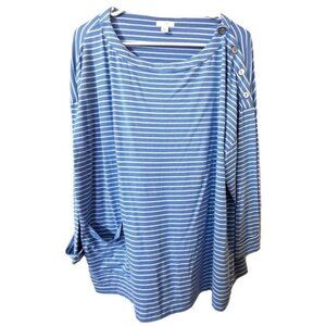 J.Jill Women's 2X Blue Striped 3/4 Sleeve Button Shoulder Sample Top